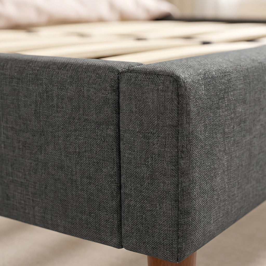 Cadre de Lit 140 x 200 cm avec Sommier Bois, Lit Double Rembourré en Effet Lin, Rangement au-dessous, Sans Bruit, Gris-9