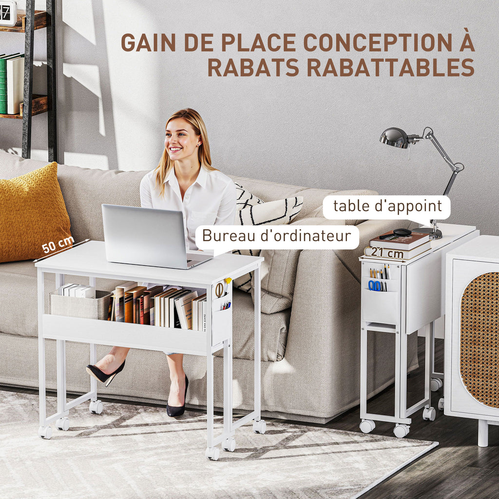 Bureau pliable sur roulettes 80 x 50 cm avec étagère et sac de rangement, blanc-3