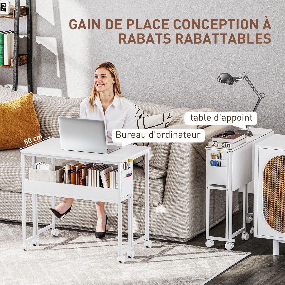Bureau pliable sur roulettes 80 x 50 cm avec étagère et sac de rangement, blanc-3