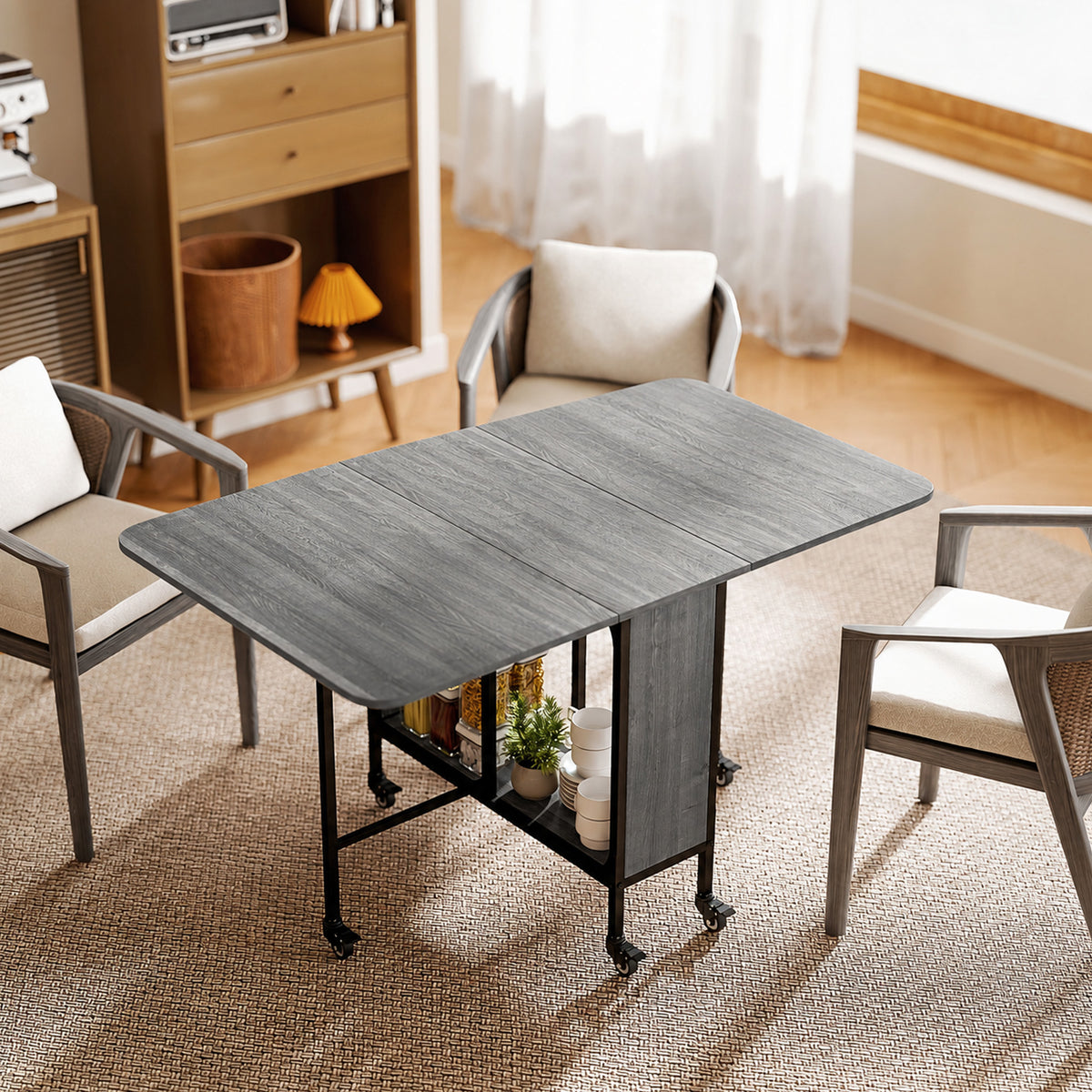 Table pliante de cuisine extensible salle à manger sur roulettes jusqu'à 6 personnes étagère intégrée, 6 roues, Gris-1