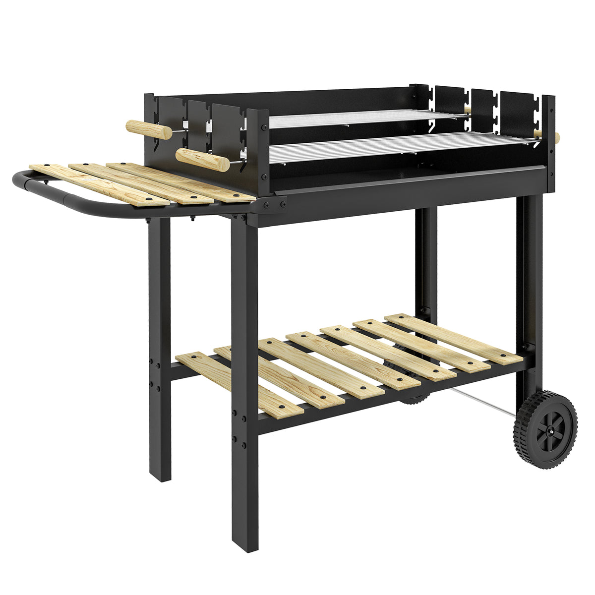 Barbecue à charbon BBQ grill sur pied avec double gril réglable 2 roues et 2 étagères dim. 113L x 53,5l x 82,5H cm noir-0