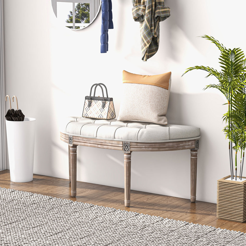 Banc bout de lit en forme demi-lune style Louis XVI structure en bois massif sculpté siège en tissu aspect lin crème-9