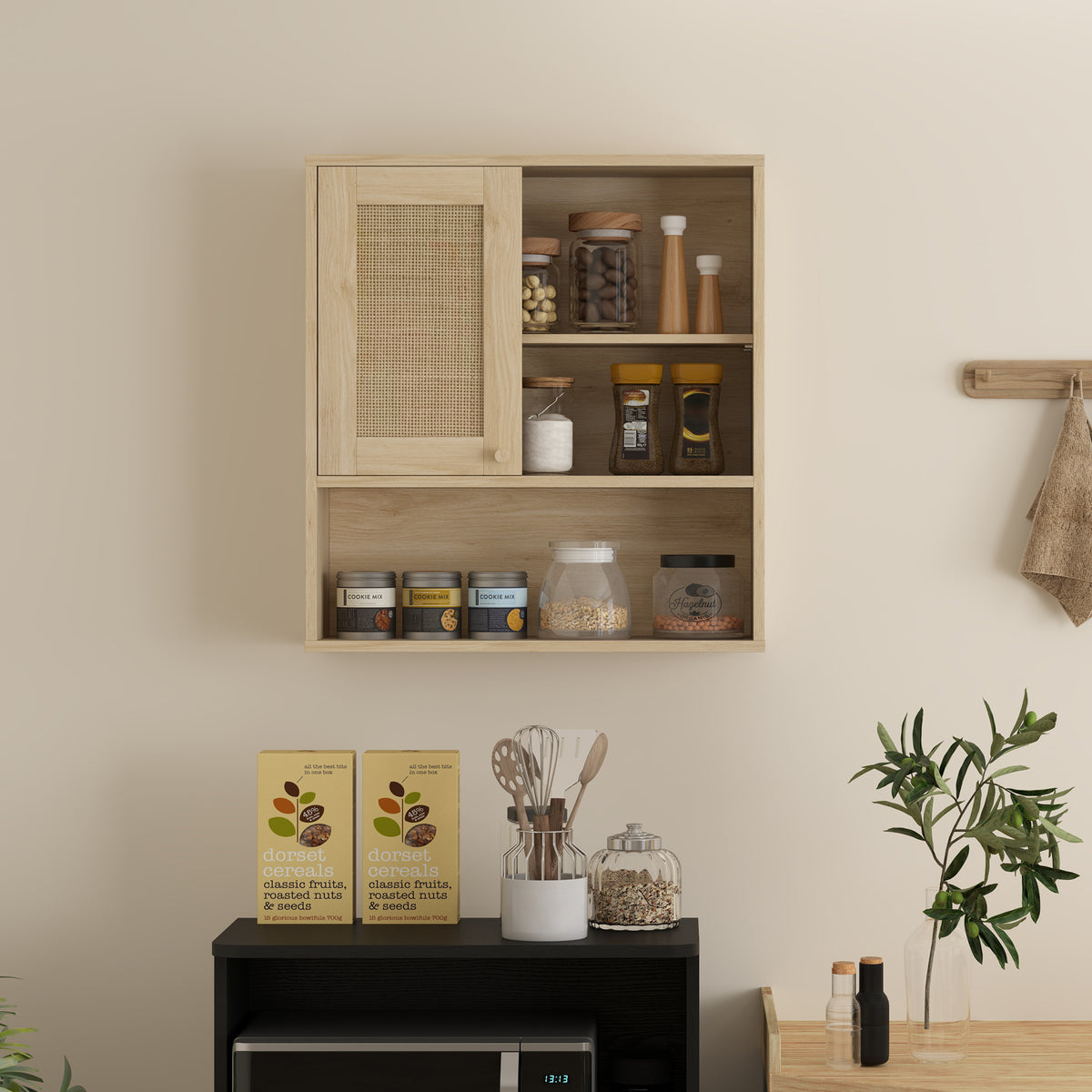 Armoire murale, meuble haut salle de bain avec porte coulissante en rotin et étagères ouvertes, bois naturel-6