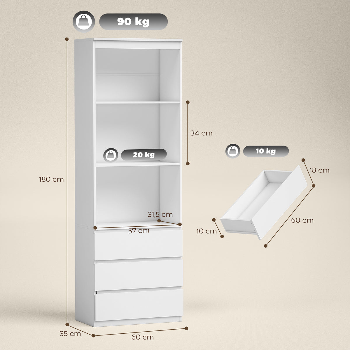 Bibliothèque haute de 180 cm avec 3 étagères et 3 tiroirs 60 x 35 x 180 cm en bois blanc-2