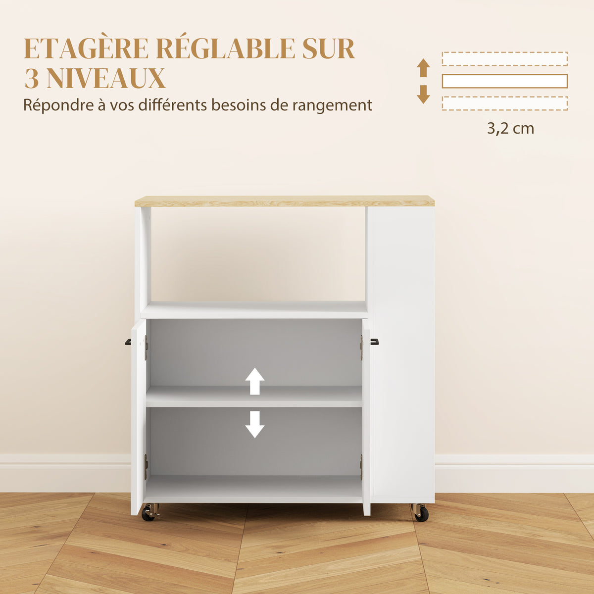 Desserte de cuisine à roulettes, Îlot central cuisine avec plan de travail et étagère réglable, 75x40x80,5cm, blanc-5