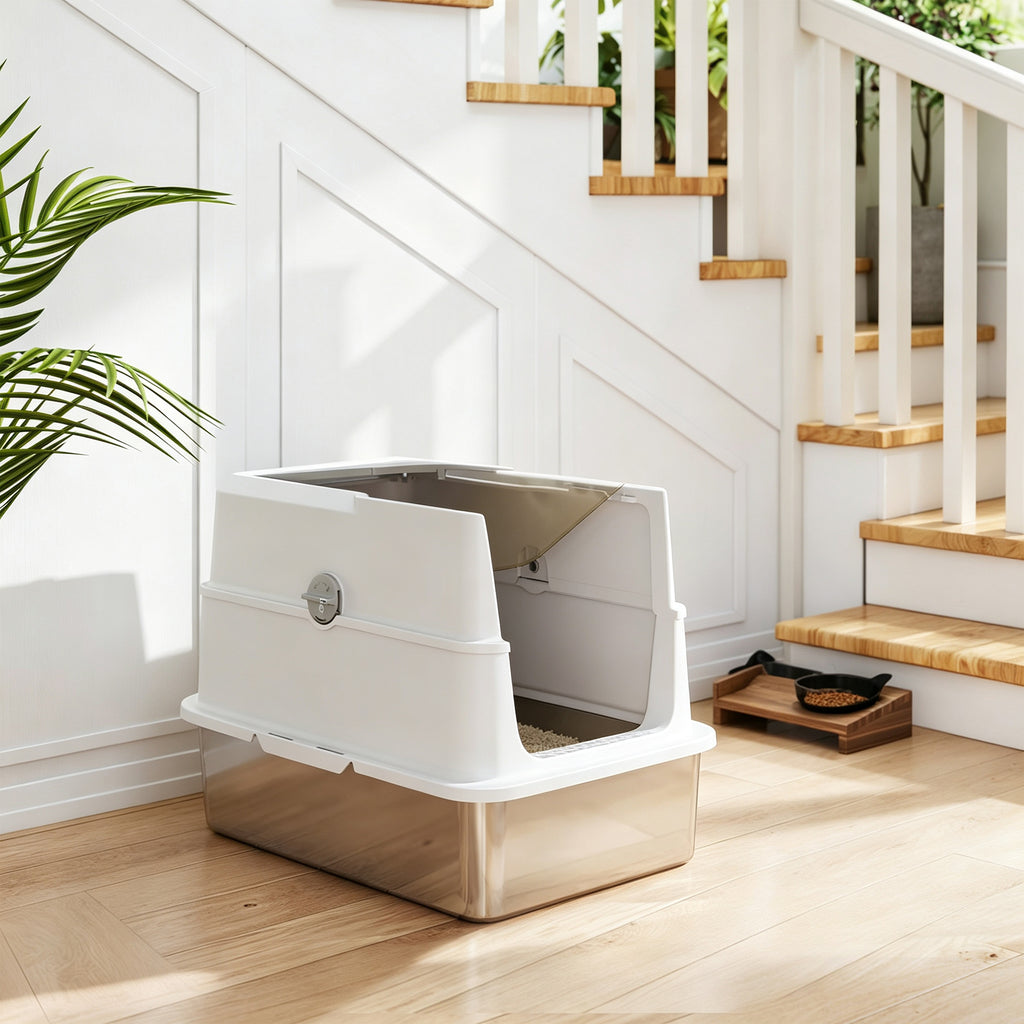 Bac à litière fermé XL en acier inoxydable, maison de toilette pour grand chat, 60,2 x 40,2 x 43,3 cm, gris clair-1