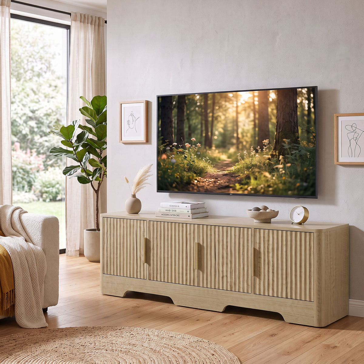 Meuble TV 140 cm, Meuble Télé pour Téléviseur jusqu'à 60 Pouces, 4 Portes Cannelées et Étagères Réglables, Chêne-9