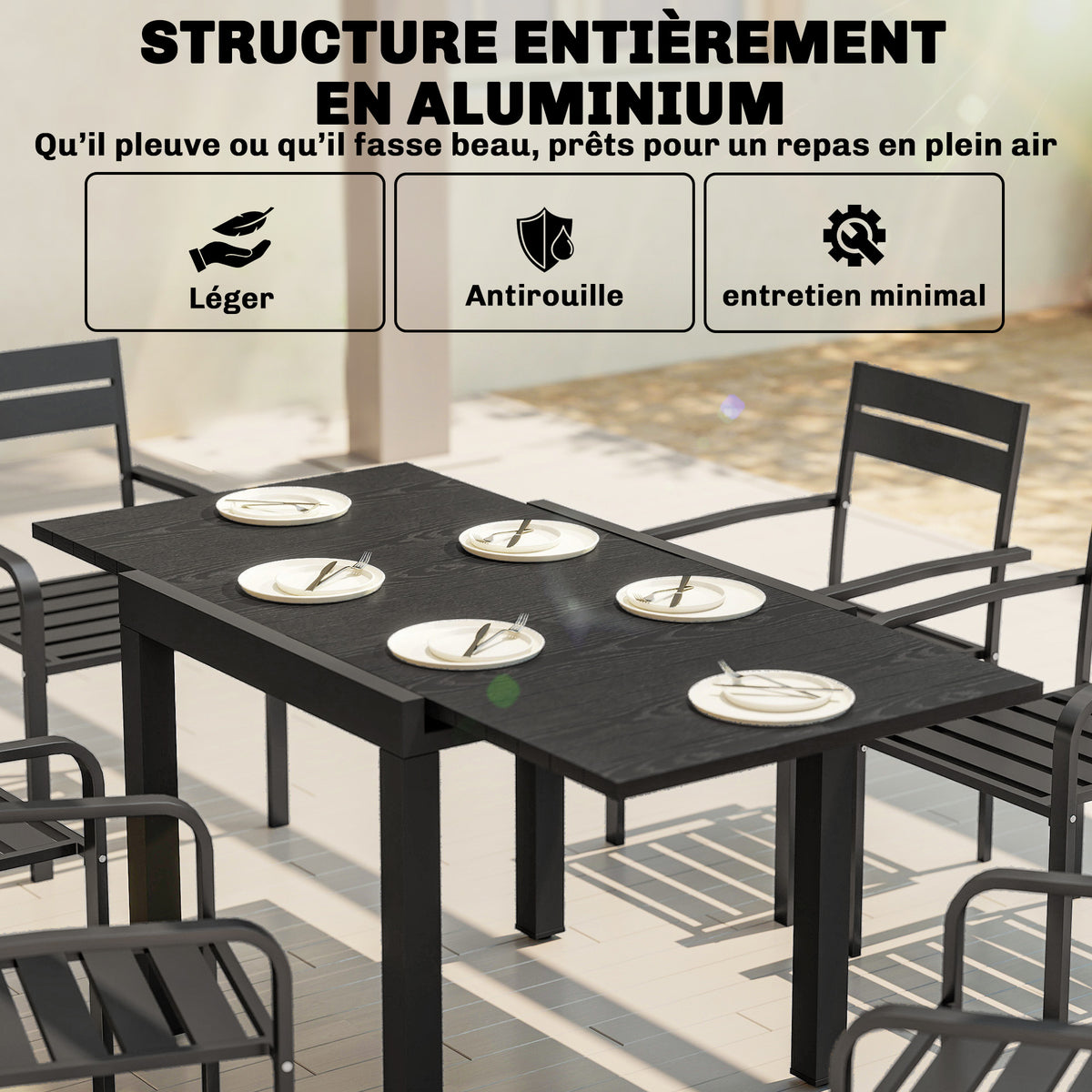 Table de jardin extensible pour 4-6 personnes avec rallonge auto-stockée aluminium avec effet bois 80-160 x 80 cm noir-4