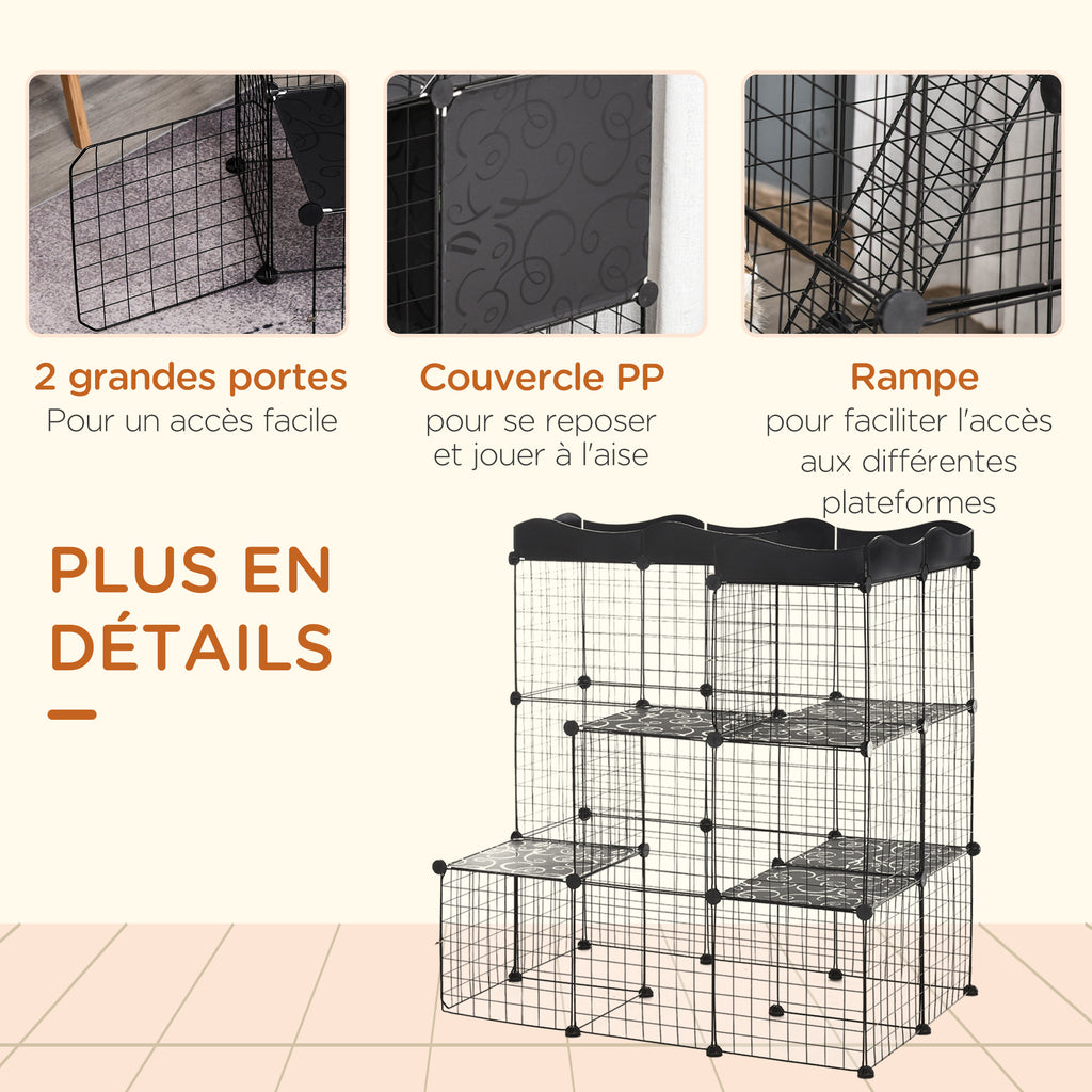 Cage parc enclos pour petits animaux chats lapins modulable 3 niveaux 2 portes rampe fil métallique 105 x 70 x 116 cm noir-4