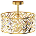 Plafonnier en Cristal Moderne Rond, Lustre Plafonnier avec Abat-jour, 3 Ampoules E14, Ø 39 x 34 cm, Doré-0