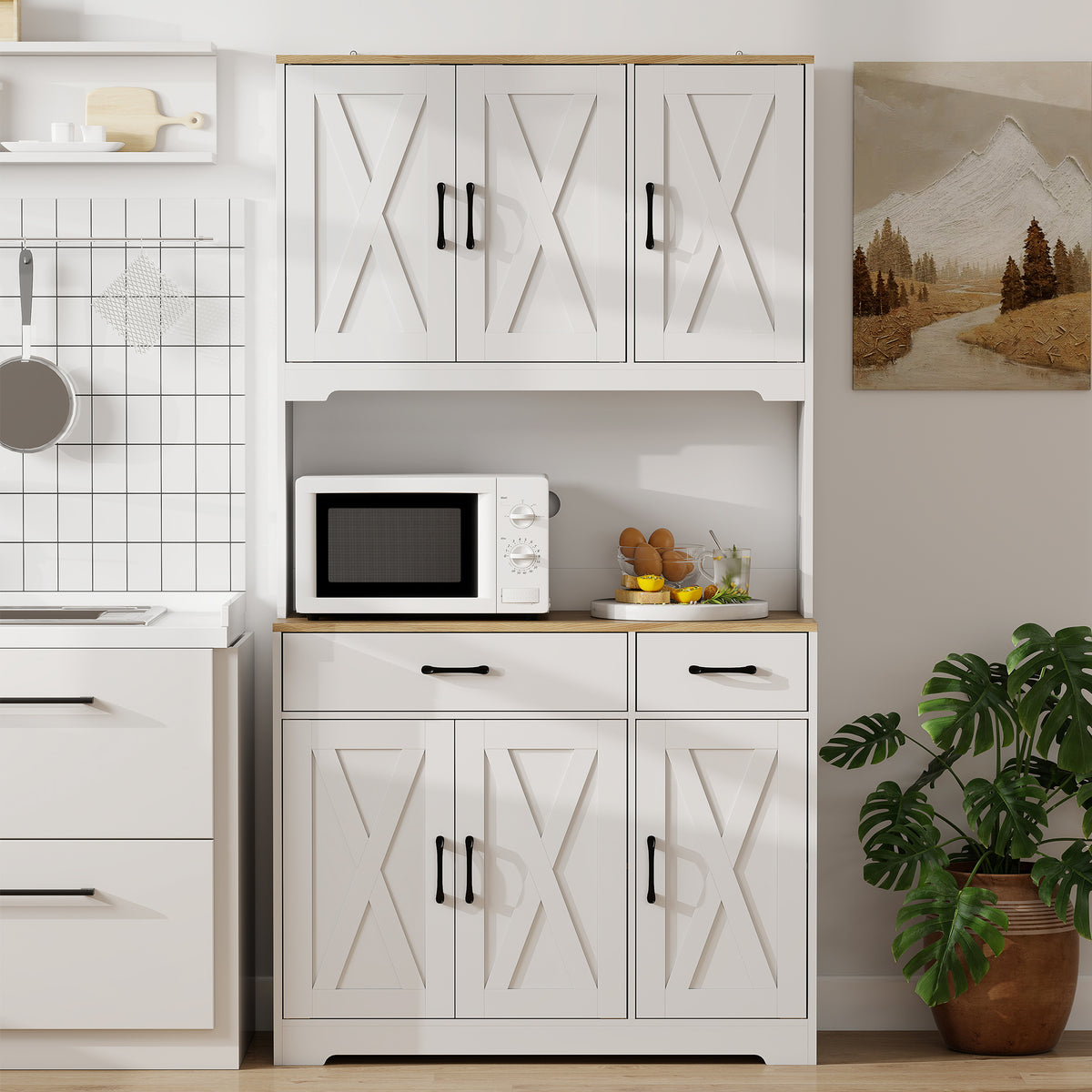 Buffet haut cuisine armoire de cuisine avec 6 portes 2 tiroirs plan de travail étagères réglables 94x39,5x175,2cm blanc-6