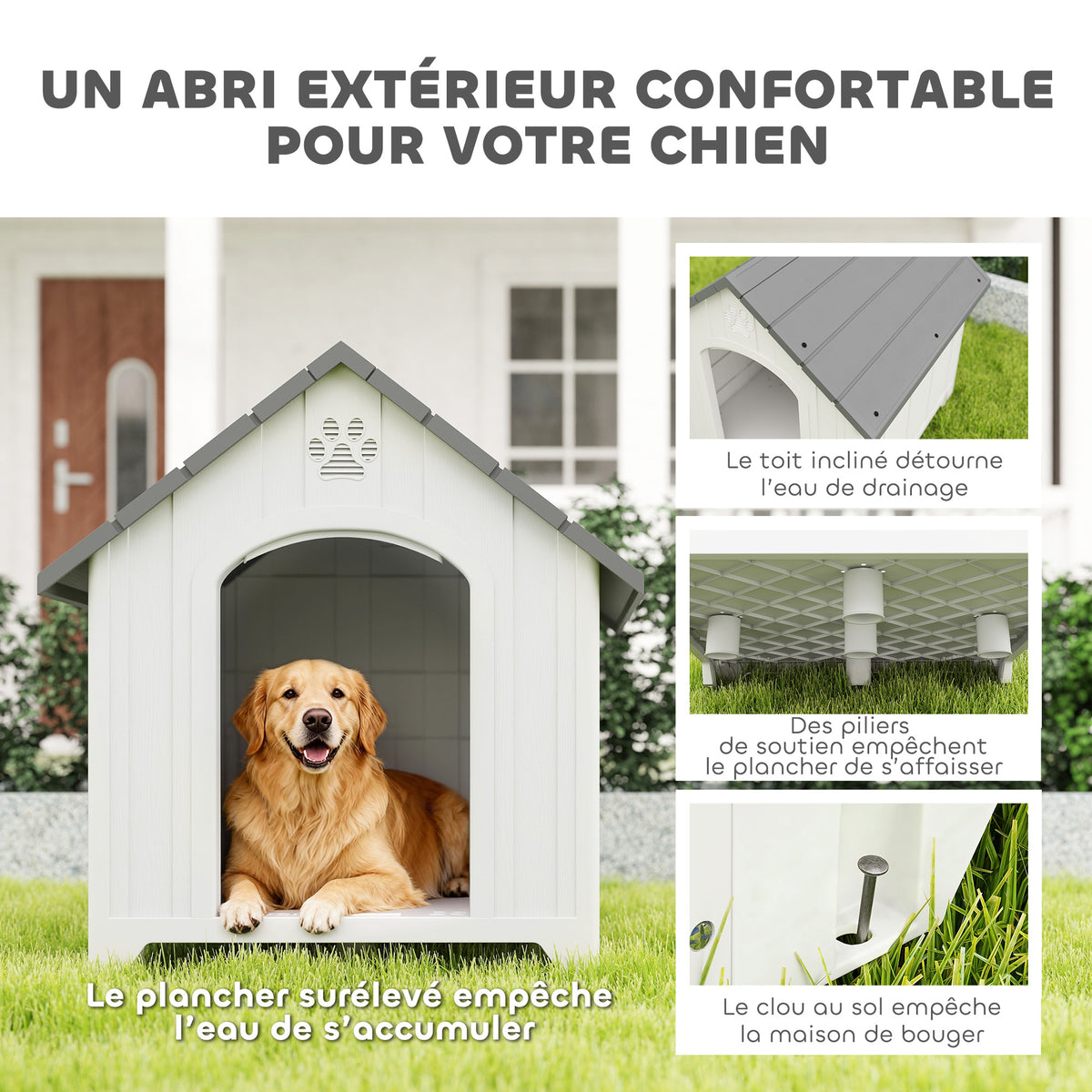 Niche pour chien extérieur, maison chien en polypropylène imperméable, ventilé, plancher surélevé, gris clair-3