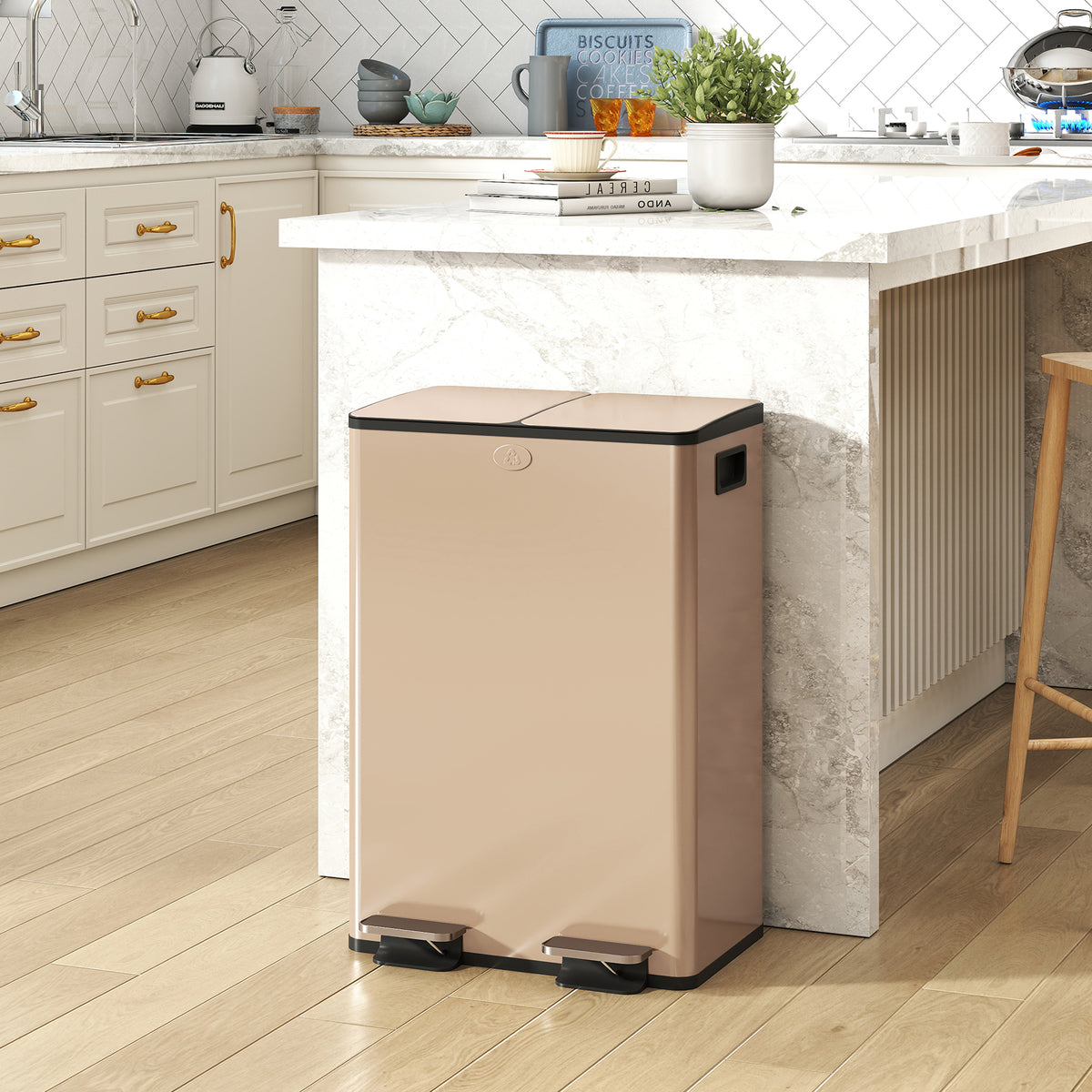 Poubelle de cuisine 2 compartiments de 2 x 28L, acier inoxydable, couvercle à fermeture douce, 45,8x36x67,6cm, or-1
