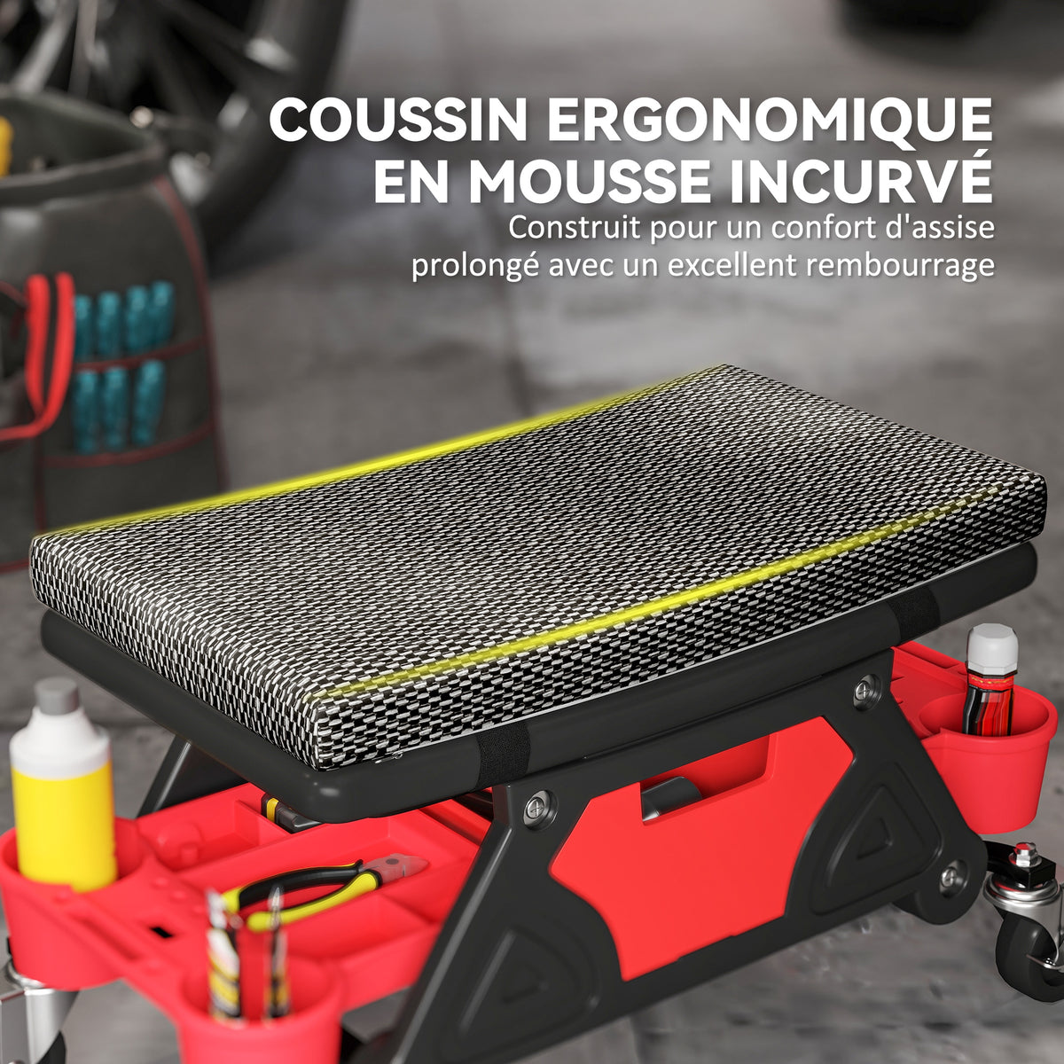 Tabouret d'atelier mobile 135 kg, tabouret de mécanicien avec roulettes rotatif à 360°, 64,5 x 33 x 35 cm, noir-4