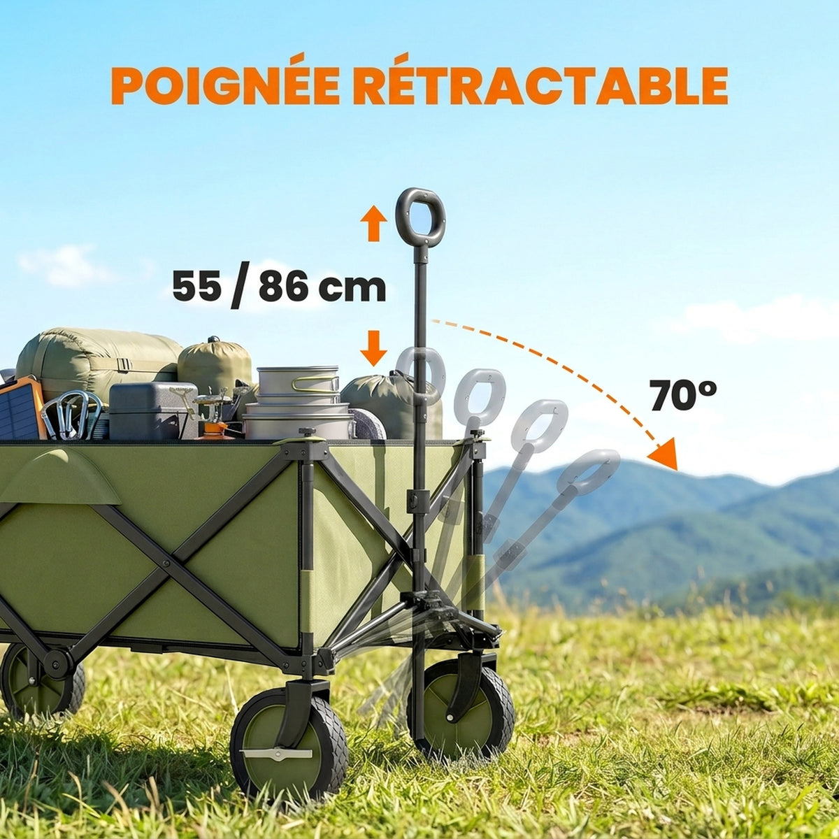 Chariot de jardin pliable 4 roues bâche amovible poignée télescopique inclinaison réglable 5 sacs de rangement-3