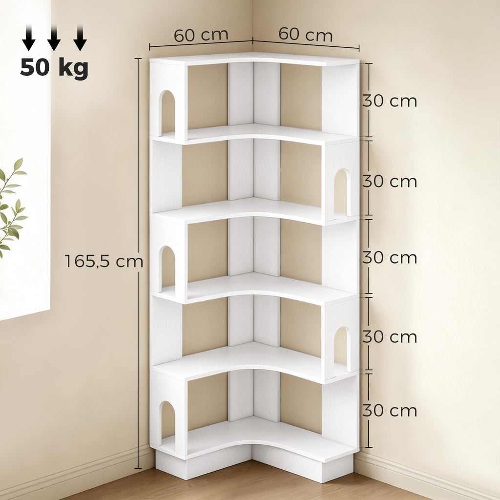 Bibliothèque d'angle, étagère de rangement à 6 niveaux avec panneaux latéraux arqués, 60 x 60 x 165,5 cm, blanc-2