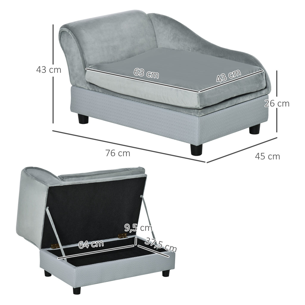 Canapé Chien Chat sur Pied avec Coffre de Rangement Style Moderne Coussin d'assise Amovible Grand Confort 76 x 45 x 43 cm gris clair-2