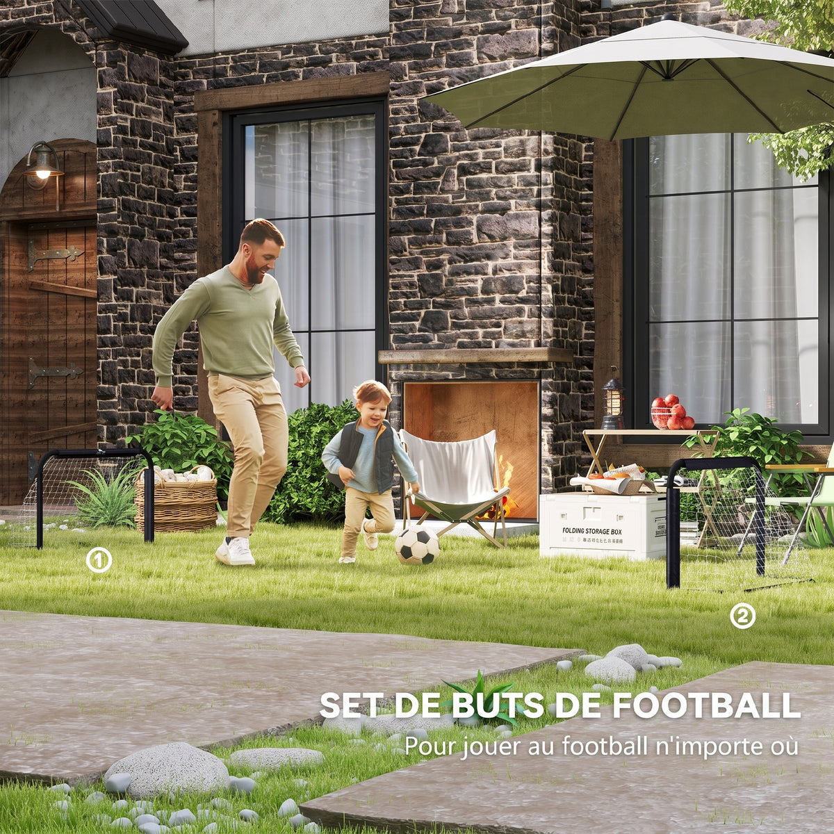 Lot de 2 Mini Cages de Football Pliables avec Filet et Piquets d'Ancrage au Sol, Métal Époxy et Oxford, 90x36x60cm, Noir-3