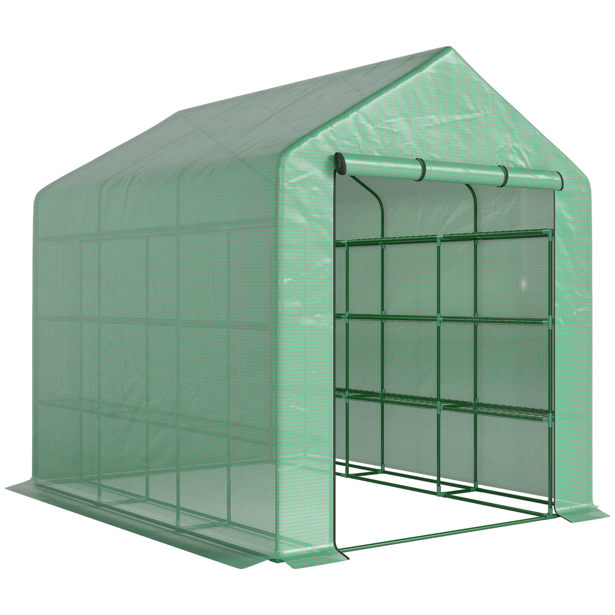 Serre de jardin serre d'hivernage avec étagères 3 niveaux porte enroulable tube en acier 244 x 180 x 210 cm vert-0