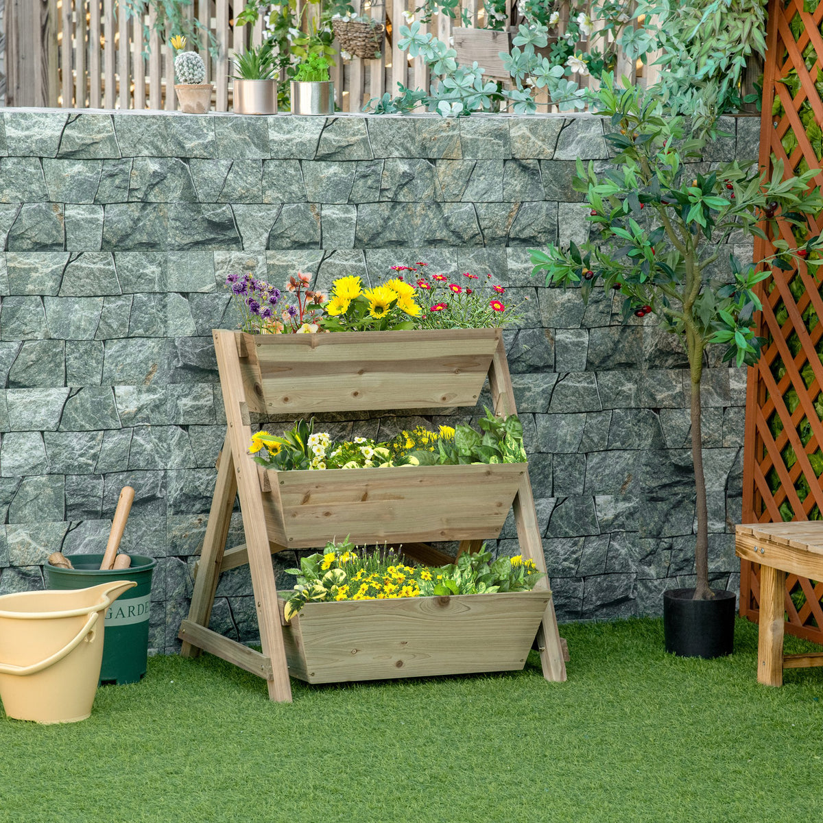 Jardinière sur Pieds carré Potager 3 étages 71L x 61l x 77H cm Inserts d'irrigation Feutre de Drainage Bois-1
