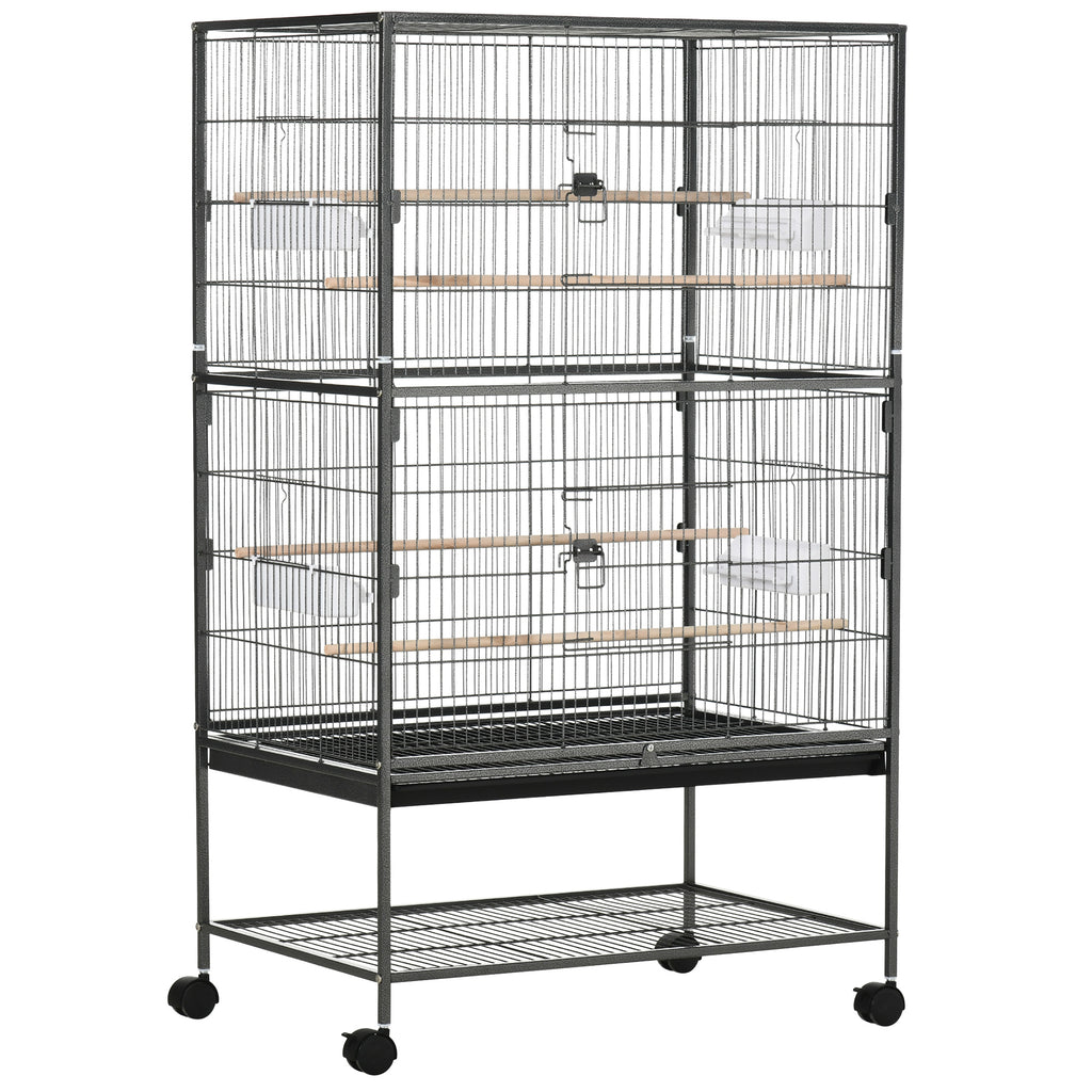 Cage à oiseaux sur pied volière oiseaux intérieur 4 perchoirs en bois et mangeoires fil d'acier gris foncé-0