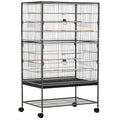 Cage à oiseaux sur pied volière oiseaux intérieur 4 perchoirs en bois et mangeoires fil d'acier gris foncé-0
