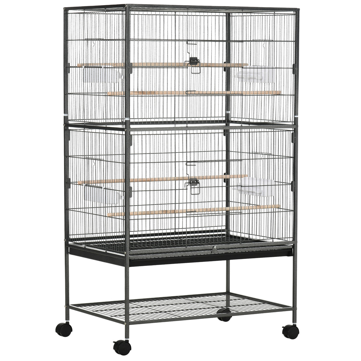 Cage à oiseaux sur pied volière oiseaux intérieur 4 perchoirs en bois et mangeoires fil d'acier gris foncé-0