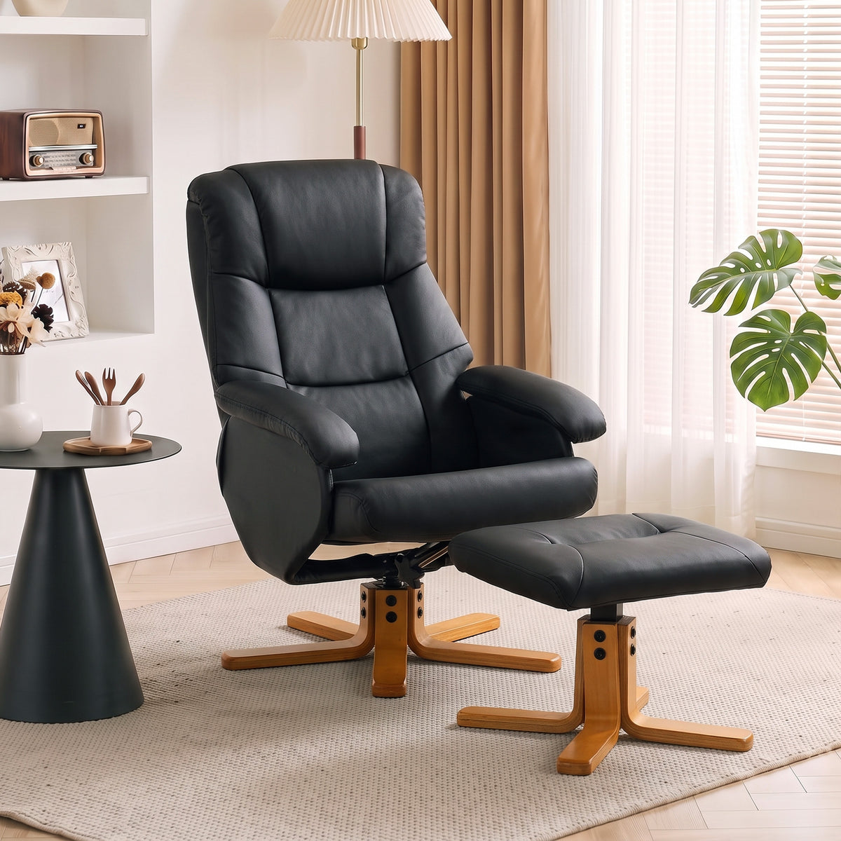 Fauteuil Relax avec Repose-Pied, Fauteuil de Relaxation Inclinable en PU, Pivotant 360°, Fonction Bascule, Noir-1