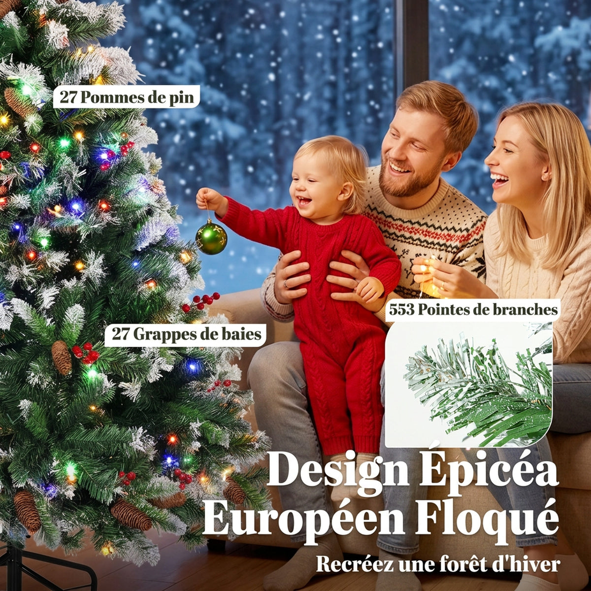 Sapin de Noël Artificiel Lumineux et Enneigé 150cm, Arbre de Noël, Télécommande, 11 Modes d'Éclairage, 210 LED, Vert-5
