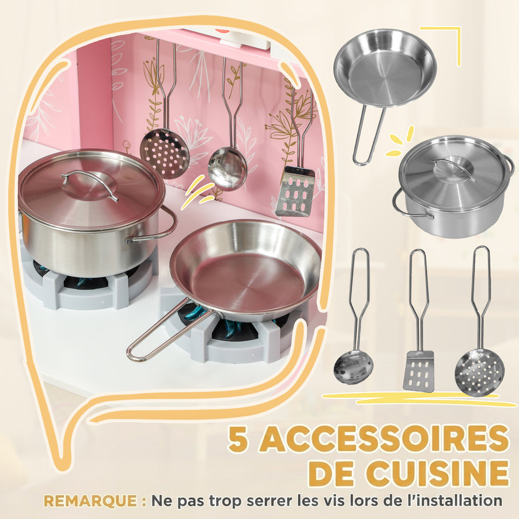 Cuisine Enfant avec Glaçons, Micro-ondes, Four, Plaque, Évier, Machine à Laver, Tableau, 90x 33,3x91,6cm, Rose-6