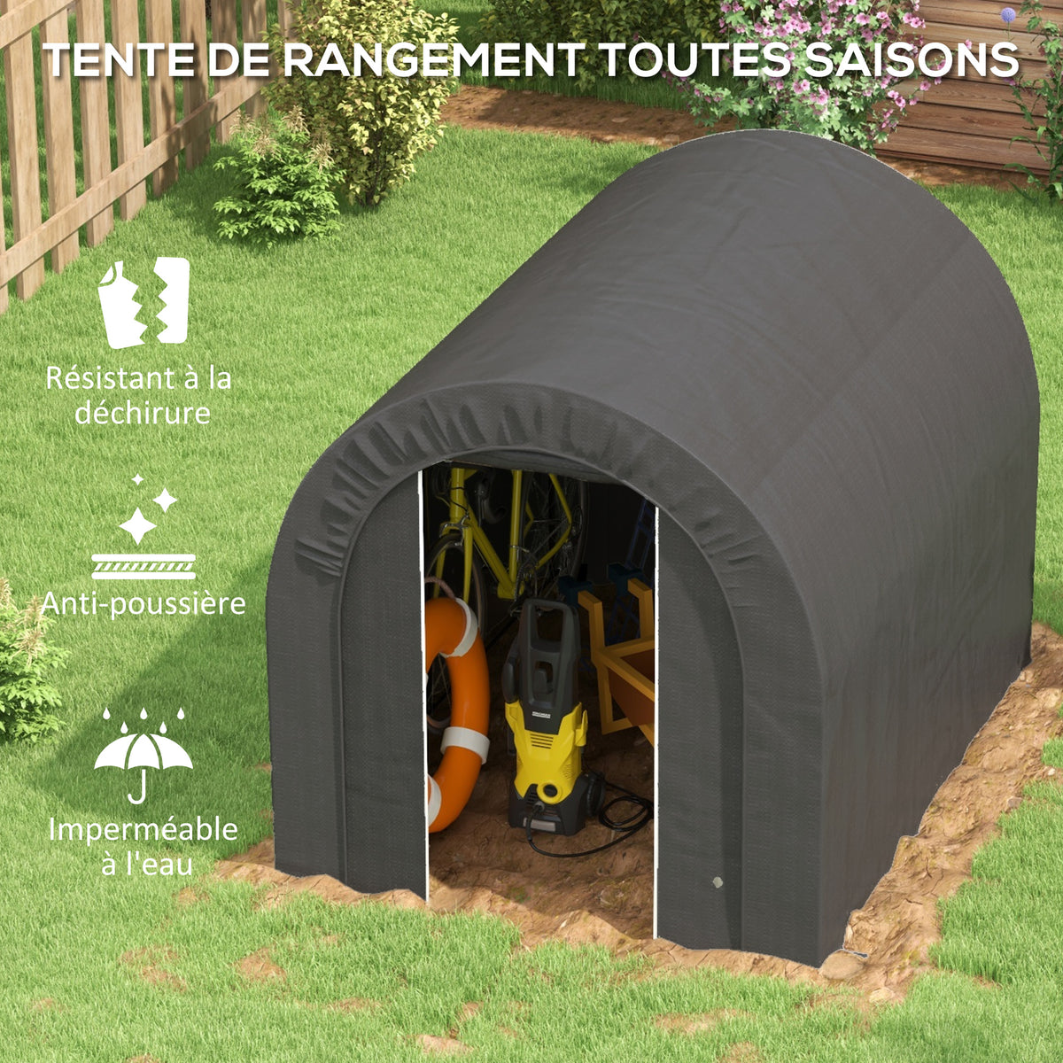 Abri de jardin tente de rangement extérieur abri de vélo garage pour vélo bâche en PE métal 2,4 x 1,8 x 1,9 m gris foncé-3