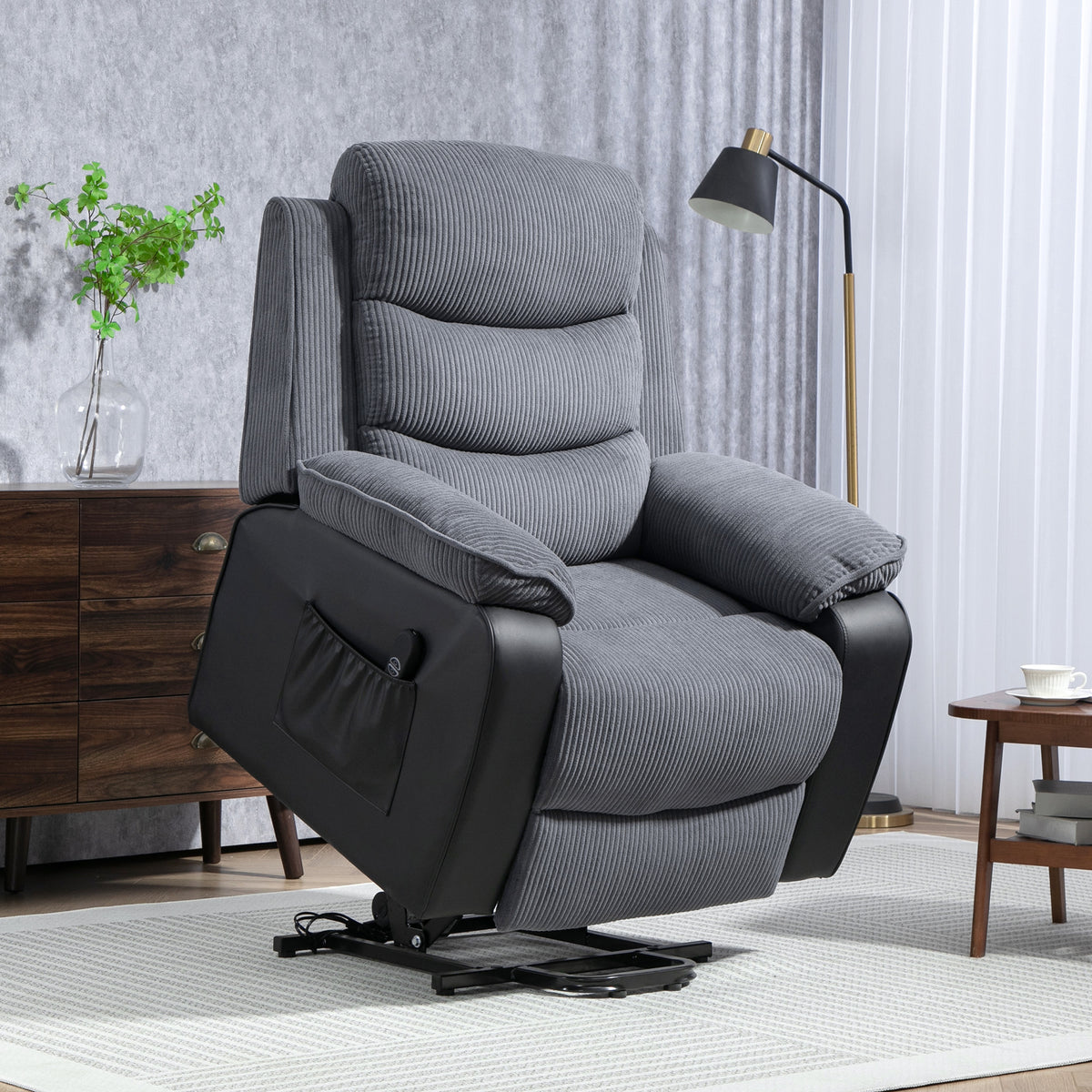 Fauteuil releveur électrique, fauteuil relax électrique velours côtelé, dossier inclinable, ports USB, 96x96x108cm, gris-1