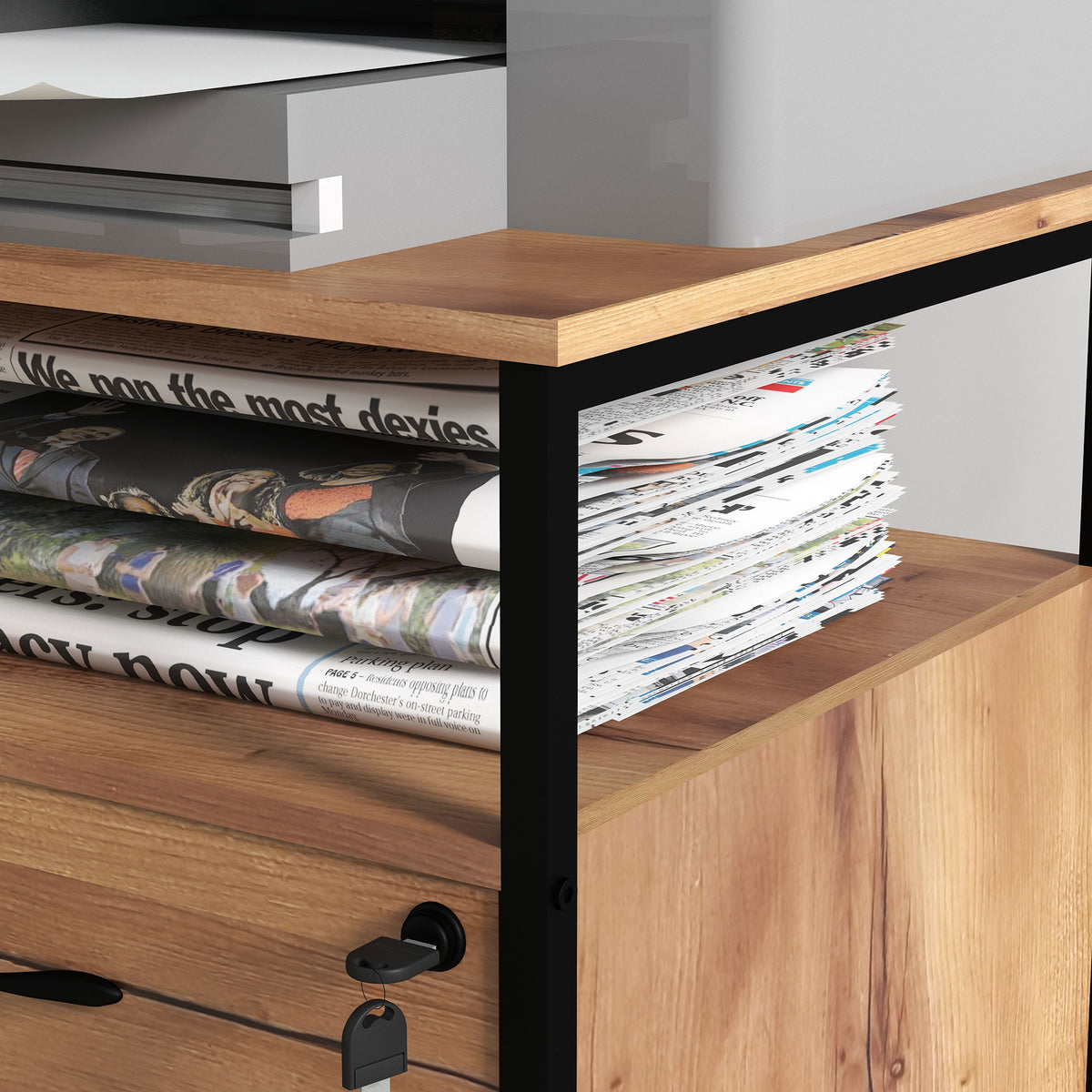 Caisson bureau mobile avec 2 tiroirs, meuble rangement bureau sur roulettes avec barres pour dossiers, marron-8