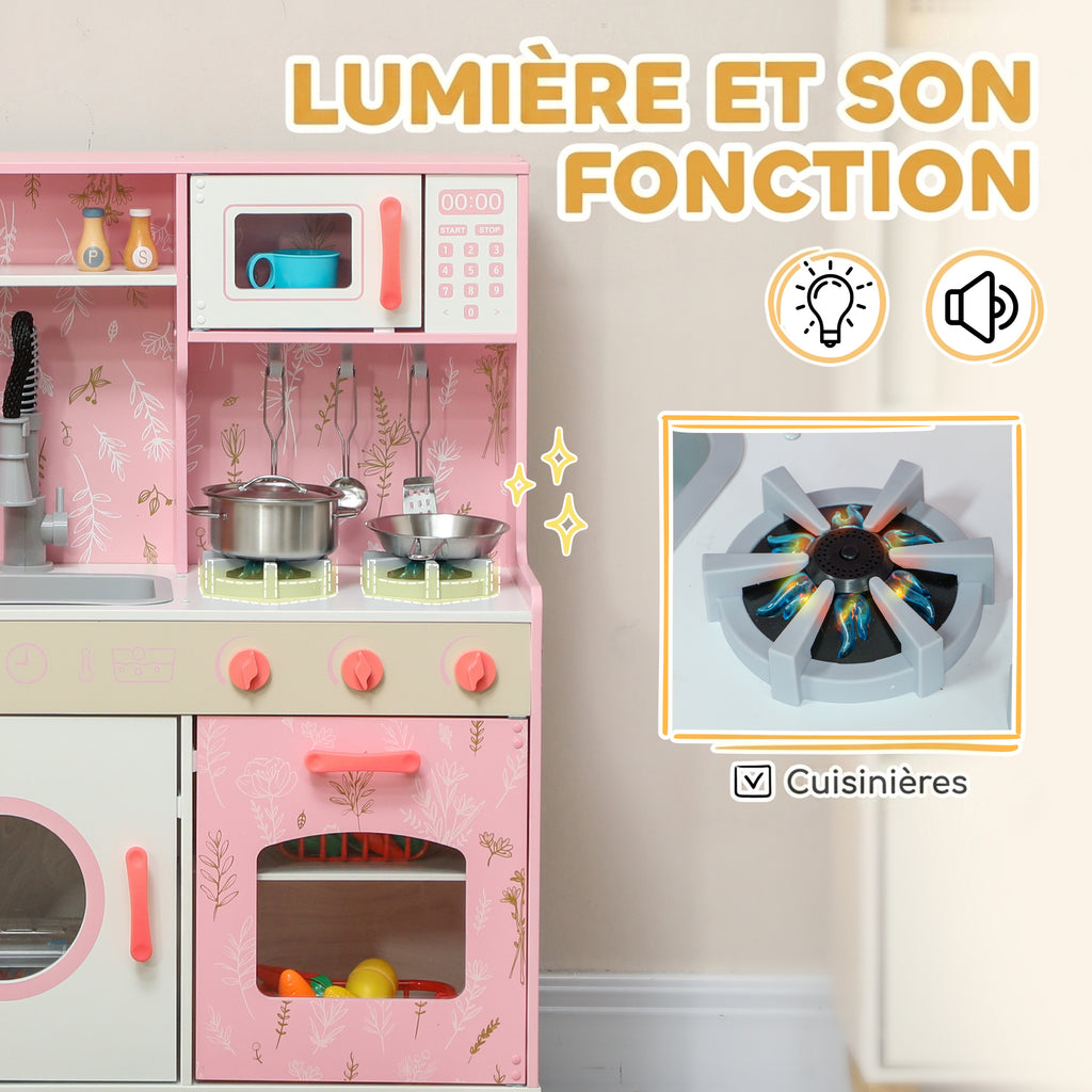 Cuisine Enfant avec Glaçons, Micro-ondes, Four, Plaque, Évier, Machine à Laver, Tableau, 90x 33,3x91,6cm, Rose-5