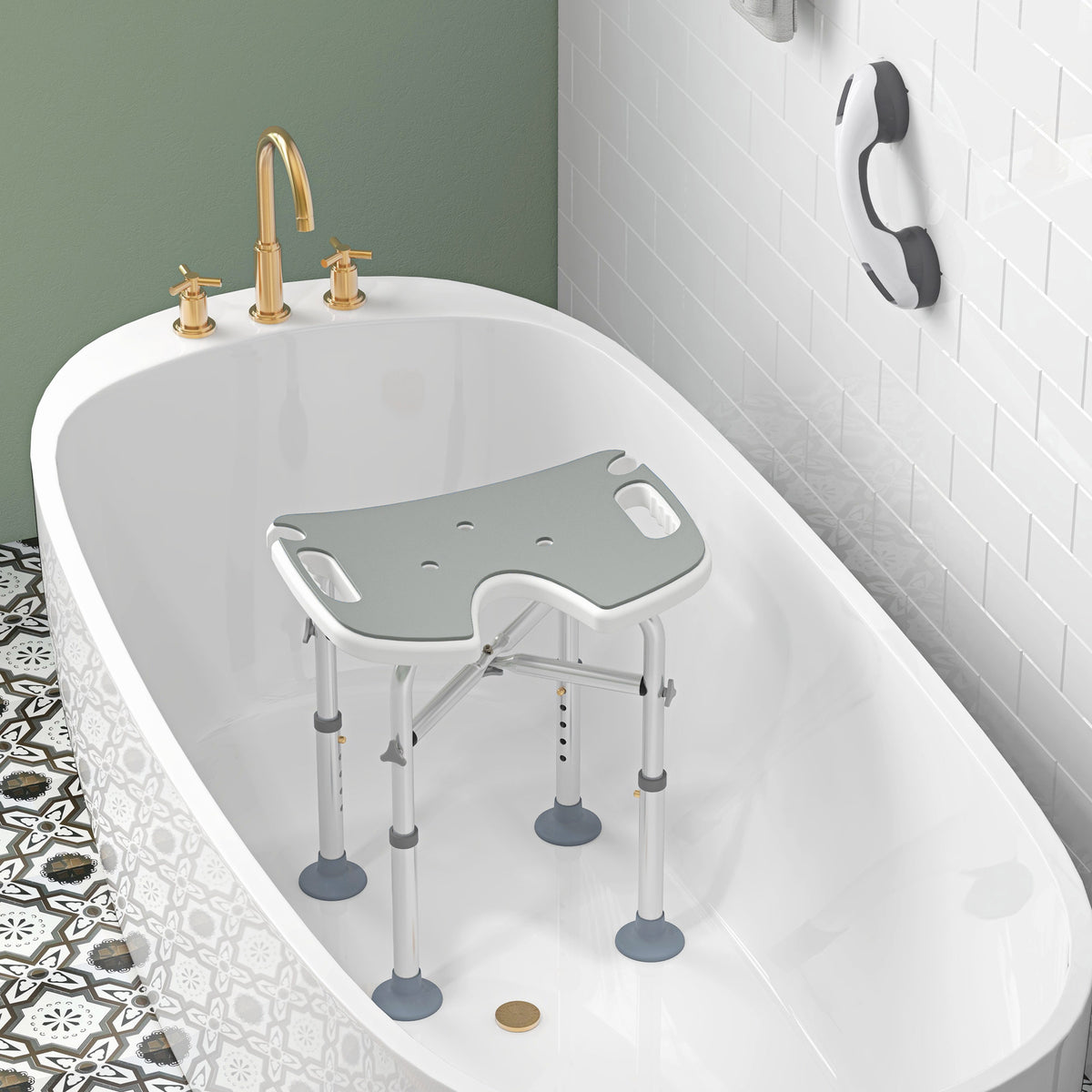 Tabouret de douche siège de douche hauteur ajustable 39-51,5 cm barre d'appui à ventouse patins à ventouse gris-7
