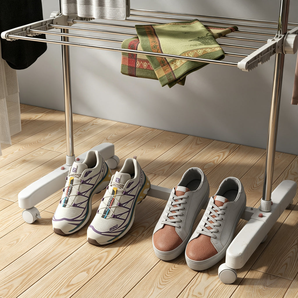 Étendoir à Linge 3 Niveaux, Sechoir a Linge avec 6 Roulettes, Pliable, Cadre en Acier Inoxydable et Ailes Latérales, pour Intérieur Extérieur, 142 x 55 x 152 cm, Blanc-8