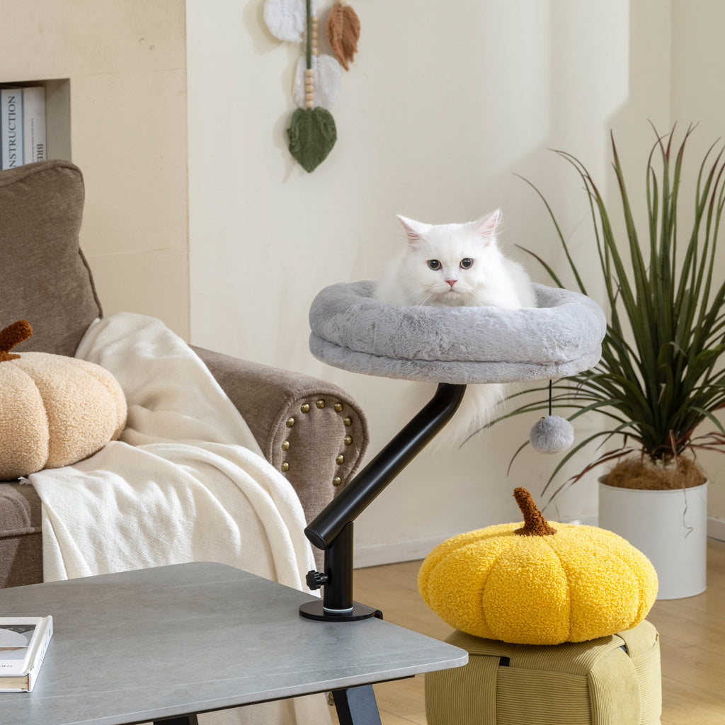 Lit de Bureau pour Chat Rotation de 360° et Hauteur Réglable, Lit pour Chat Lavable avec Balle Jouet,  35x35x48cm, Gris-7