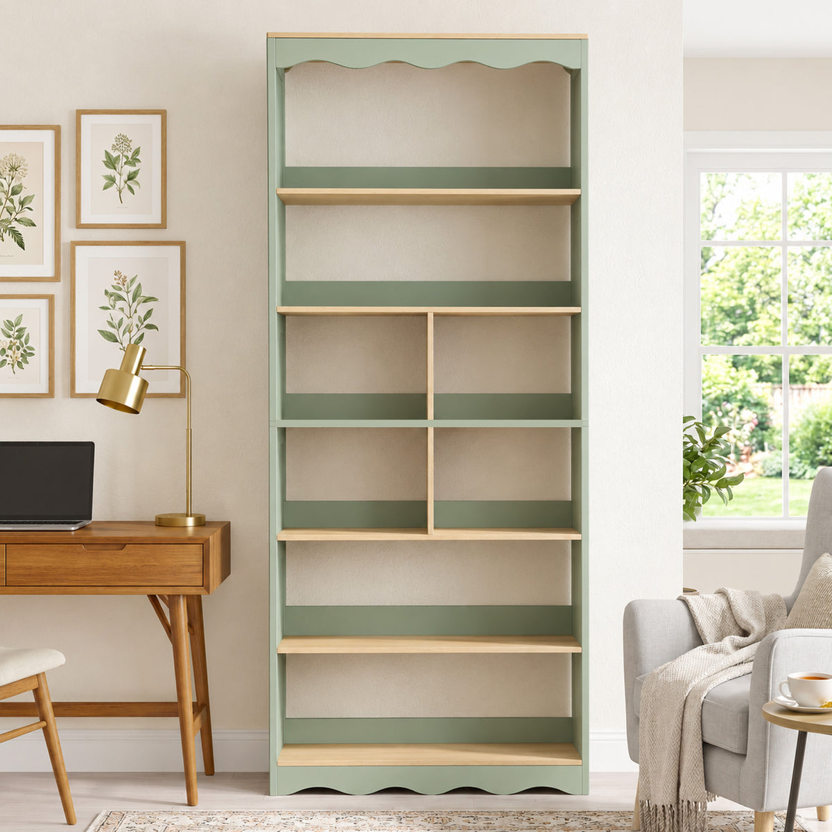 Bibliothèque, étagère de rangement à 6 niveaux avec 6 compartiments ouverts, 76 x 23,8 x 180 cm, bois naturel et vert-1