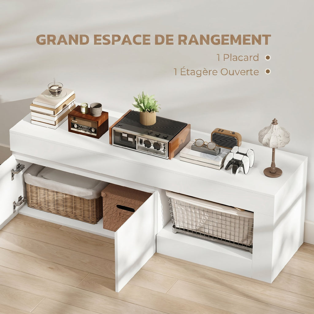 Meuble TV 2 portes pour téléviseurs jusqu'à 60 pouces, meuble télé avec placard et étagère ouverte, blanc-4