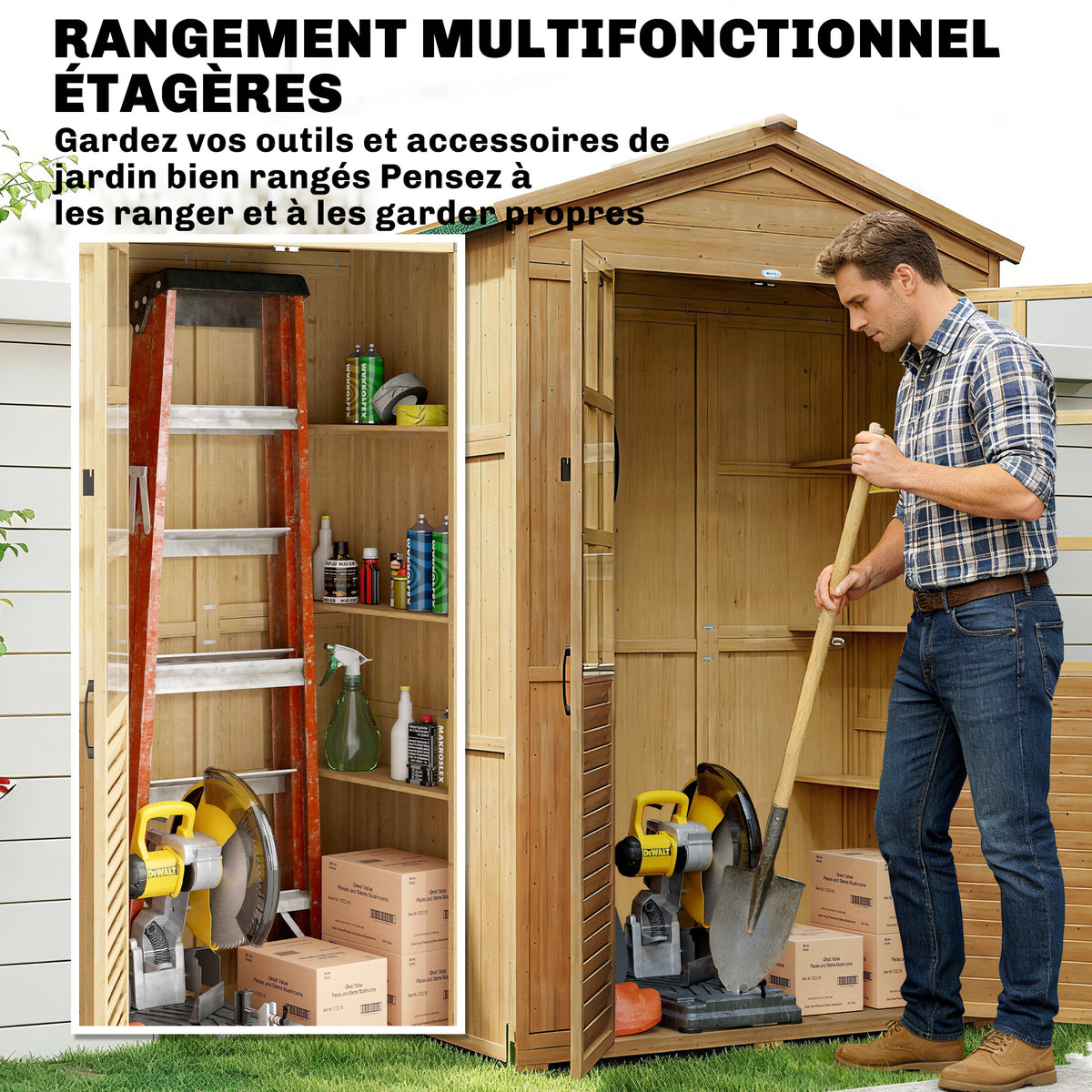 Abri de jardin Armoire de jardin pour outils avec Étagères et Fenêtres en Acrylique, 128 x 57,5 x 197 cm marron clair-4