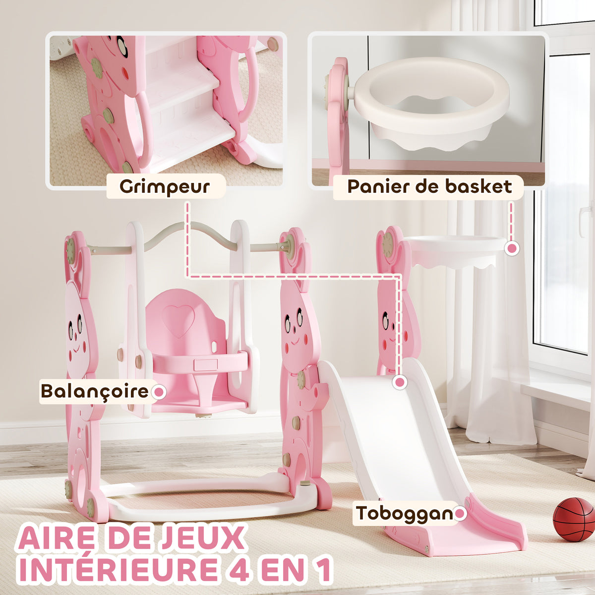 Toboggan et balançoire pour enfants 4 en 1 avec panier de basket, toboggan, balançoire, 147,5x160x107cm, rose-3