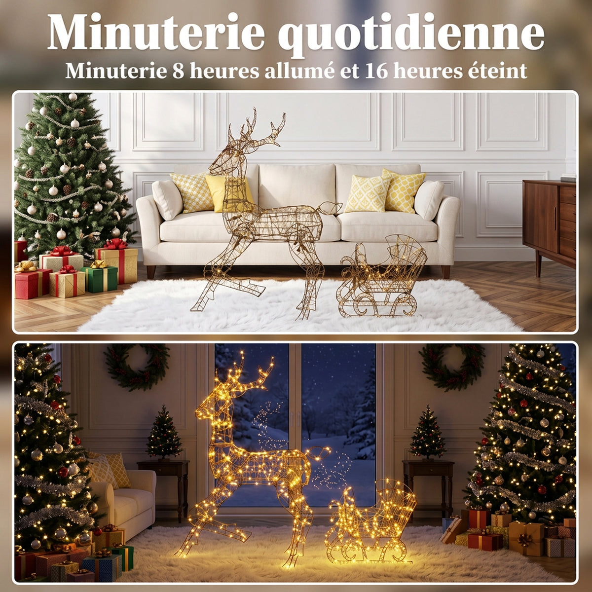 Renne de Noël avec Traîneau Lumineux 2 Pièces en Rotin PP, 175 LED Blanc Chaud, 8 Modes, Minuterie, 82x32x120cm, Marron-5
