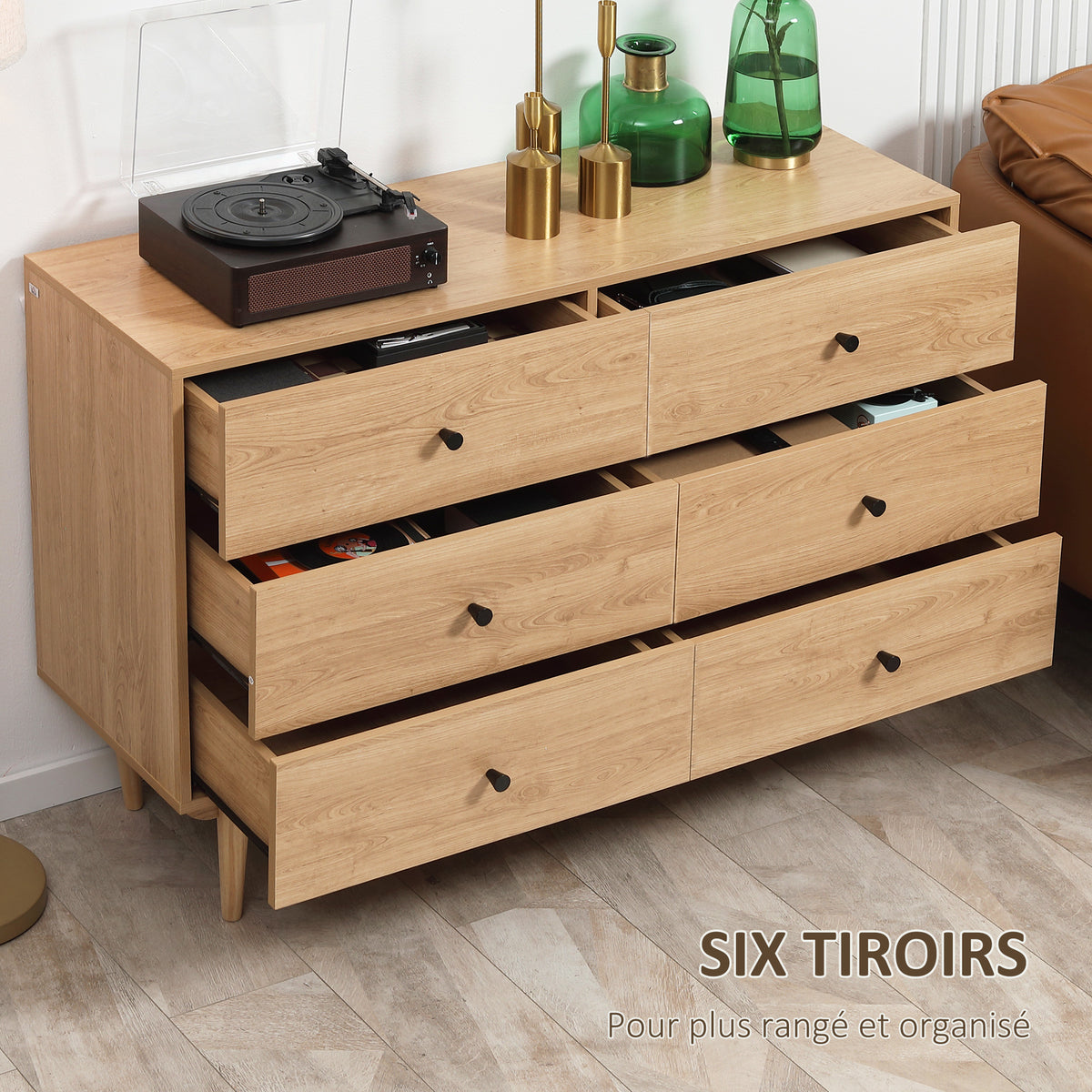 Commode 6 tiroirs meuble de rangement pieds en bois massif 120 x 40 x 80 cm marron clair-4