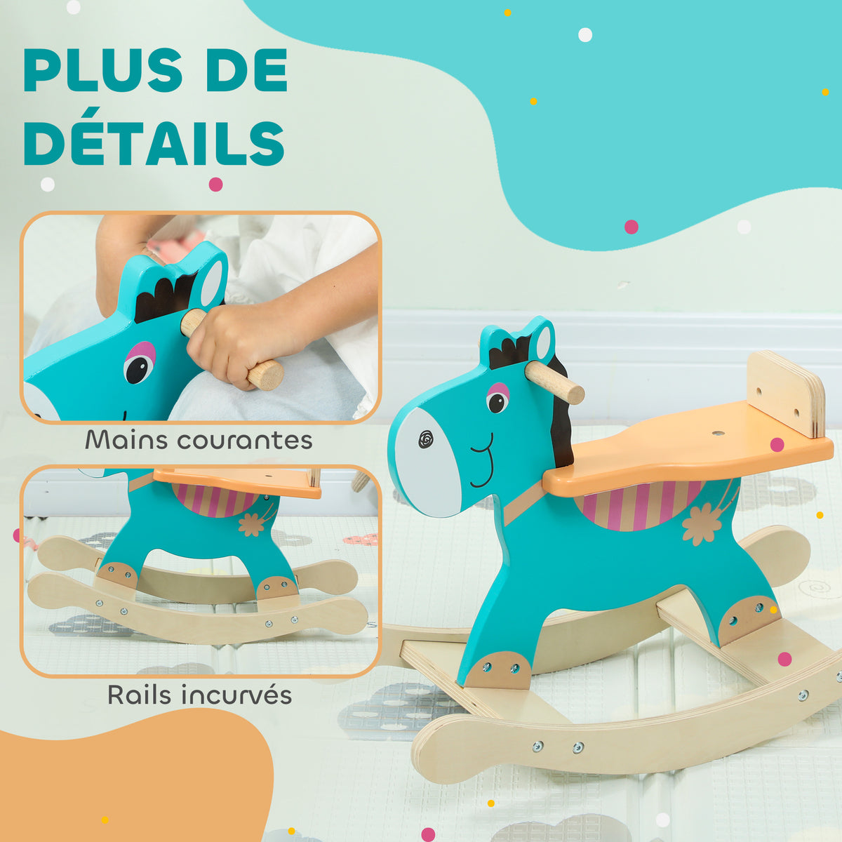 Cheval à bascule pour enfants, âne jouet à bascule bébé en bois avec guidon et base stable, 59 x 27 x 43 cm, vert foncé-4