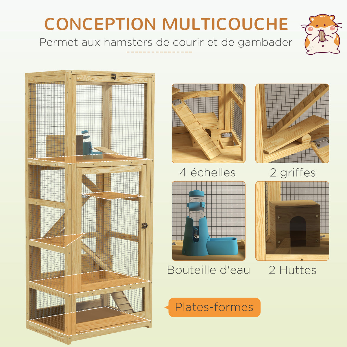 Cage pour hamsters ou petits animaux en bois 5 niveaux avec échelle niche balançoire 54 x 38 x 131 cm naturel-3