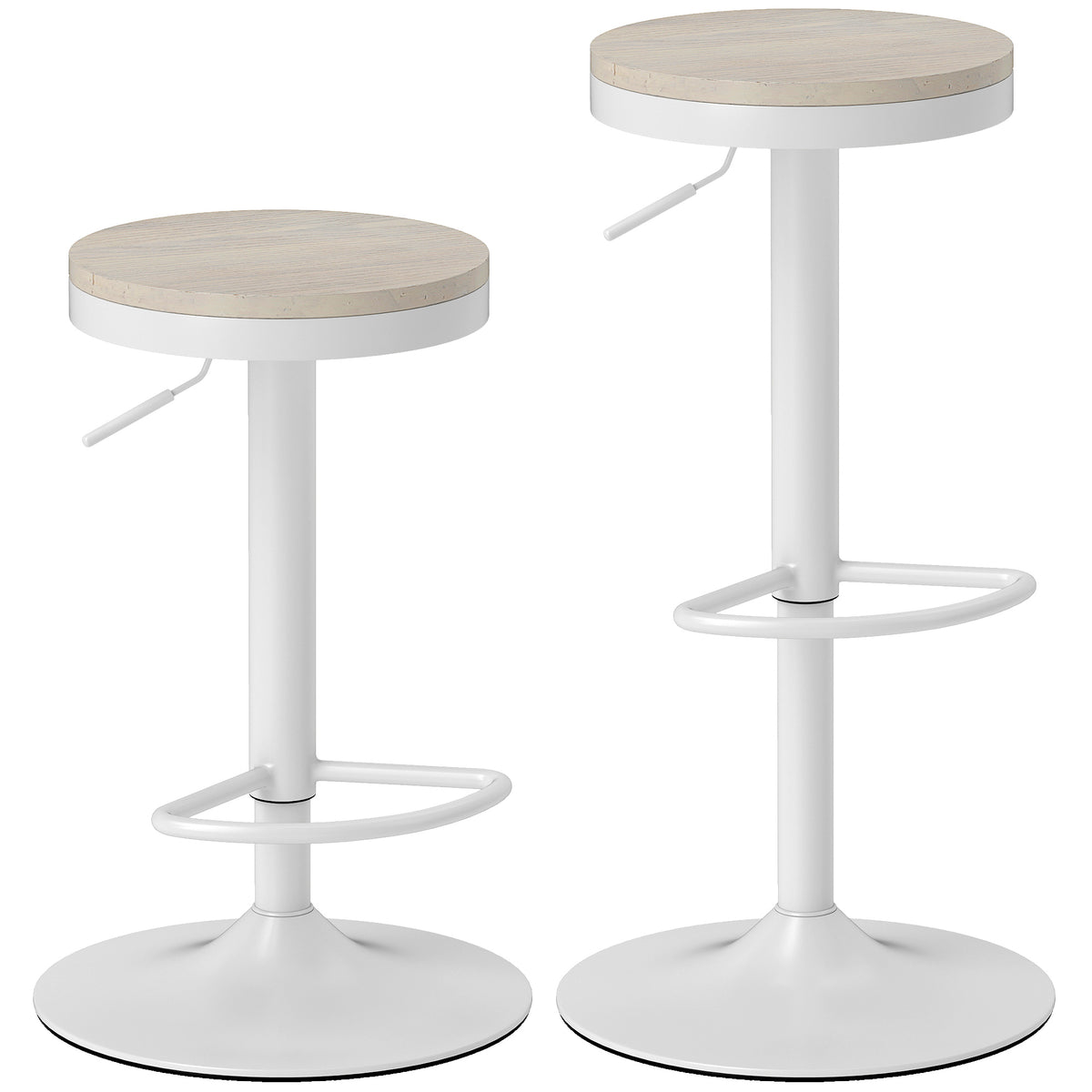 Lot de 2 tabourets de bar, chaises de bar pivotantes avec assise en hévéa, hauteur réglable et repose-pieds, blanc-0
