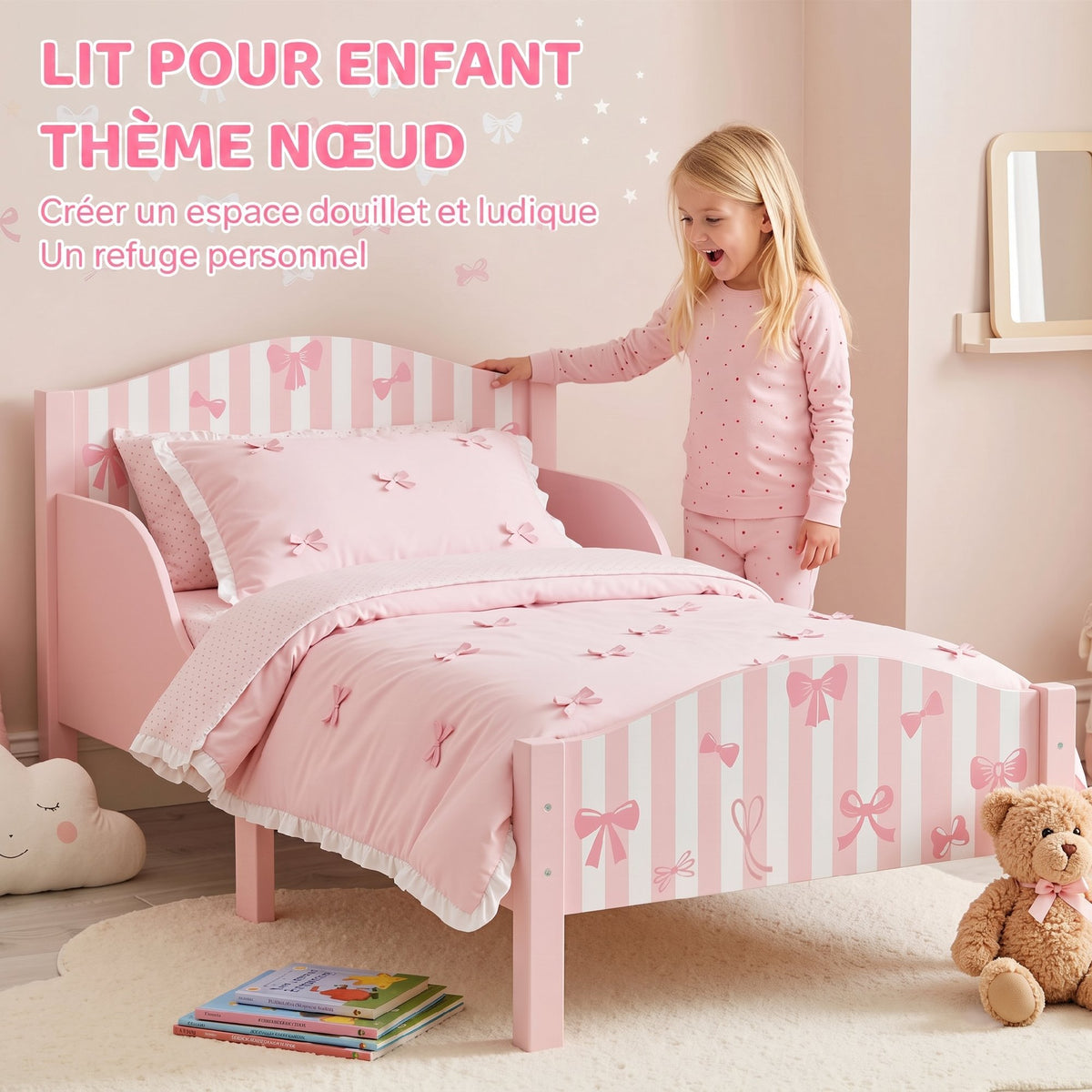 Lit Enfant 70 x 140 cm, Lit pour Enfant avec Barrière de Sécurité et Sommier à Lattes en Bois, Motif Nœud, Rose-3