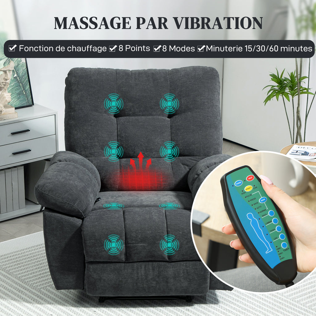 Fauteuil de massage fauteuil relax avec vibration chauffage, inclination manuelle, télécommande inclus, gris-3
