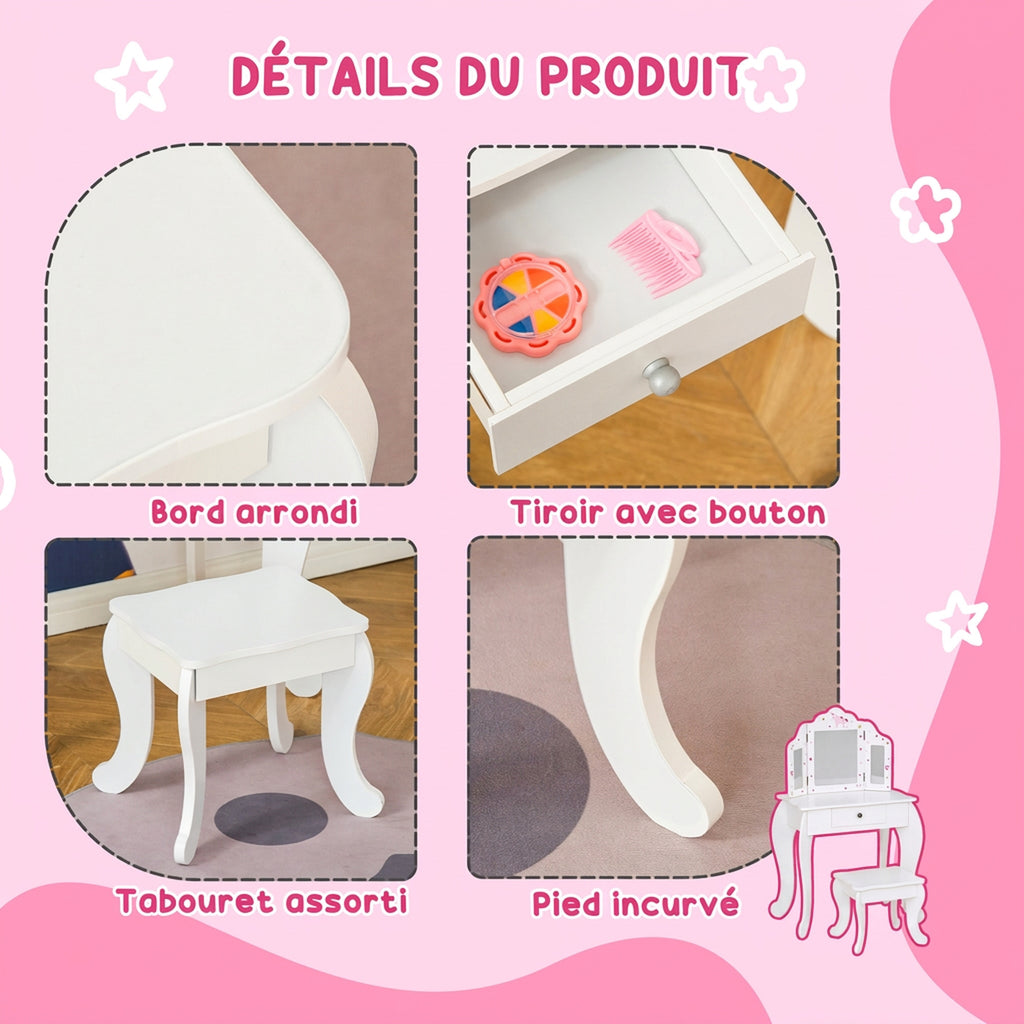 Coiffeuse Enfant avec Tabouret, Miroir triptyque et tiroir Coulissant - Coiffeuse dim. 63L x 40l x 85,5H cm-4