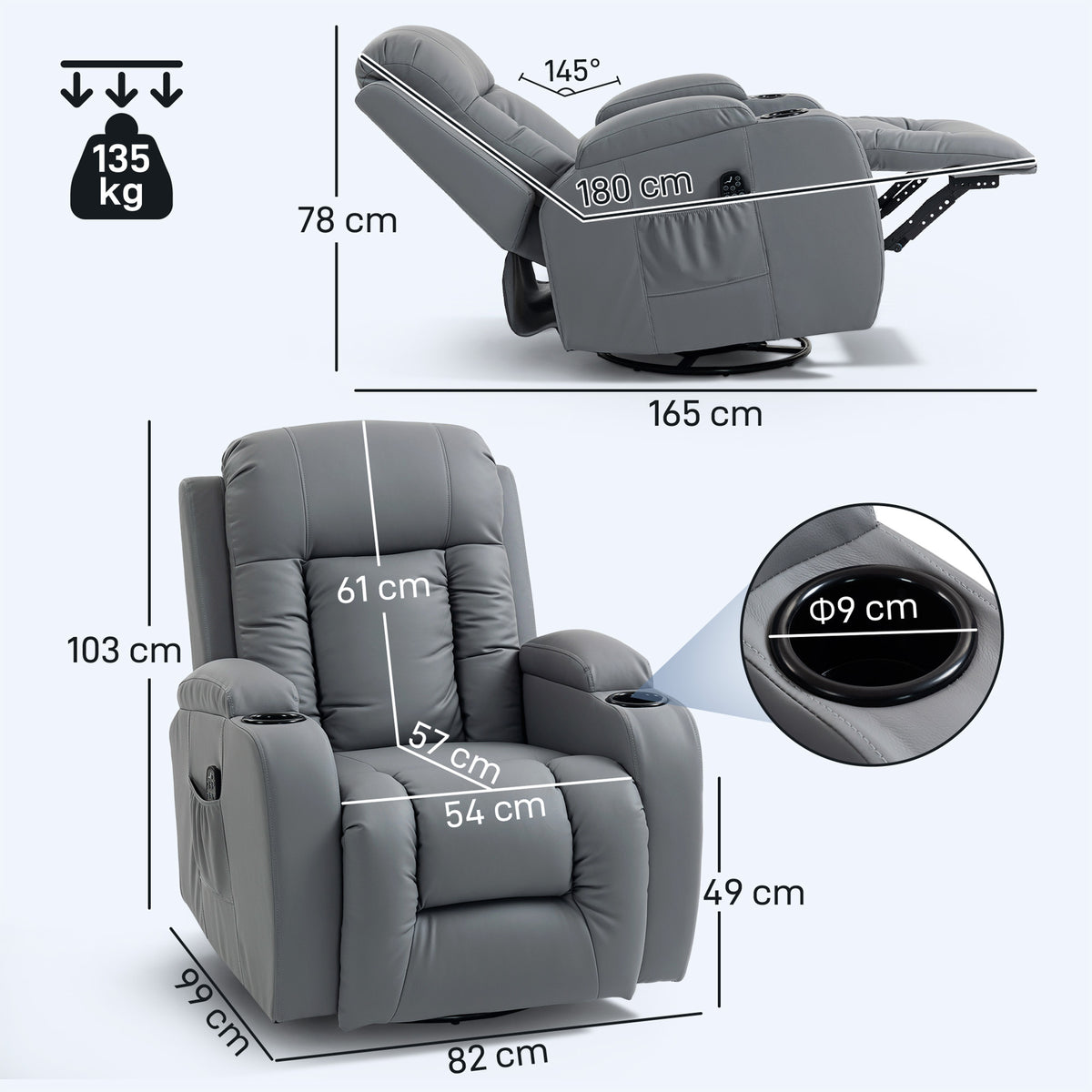 Fauteuil Inclinable de Massage et Chauffage, Fauteuil de Relaxation, Dossier Réglable, Pivotant, 82x99x103cm, Gris Clair-2